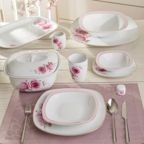 سرویس غذاخوری ۹۸ پارچه چینی زرین ایران مدل رزفلاور مربع